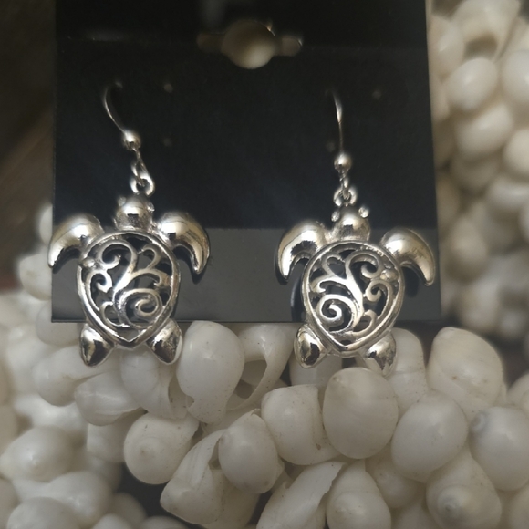 Ornate Silver Turtle Drop Earrings - Picture 1 of 6